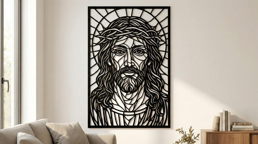 Arte Decorativo de Pared Religioso para Corte Láser – El Redentor | Flow-Line Art con Marco Negro | Archivos SVG AI DXF DWG PNG JPG
