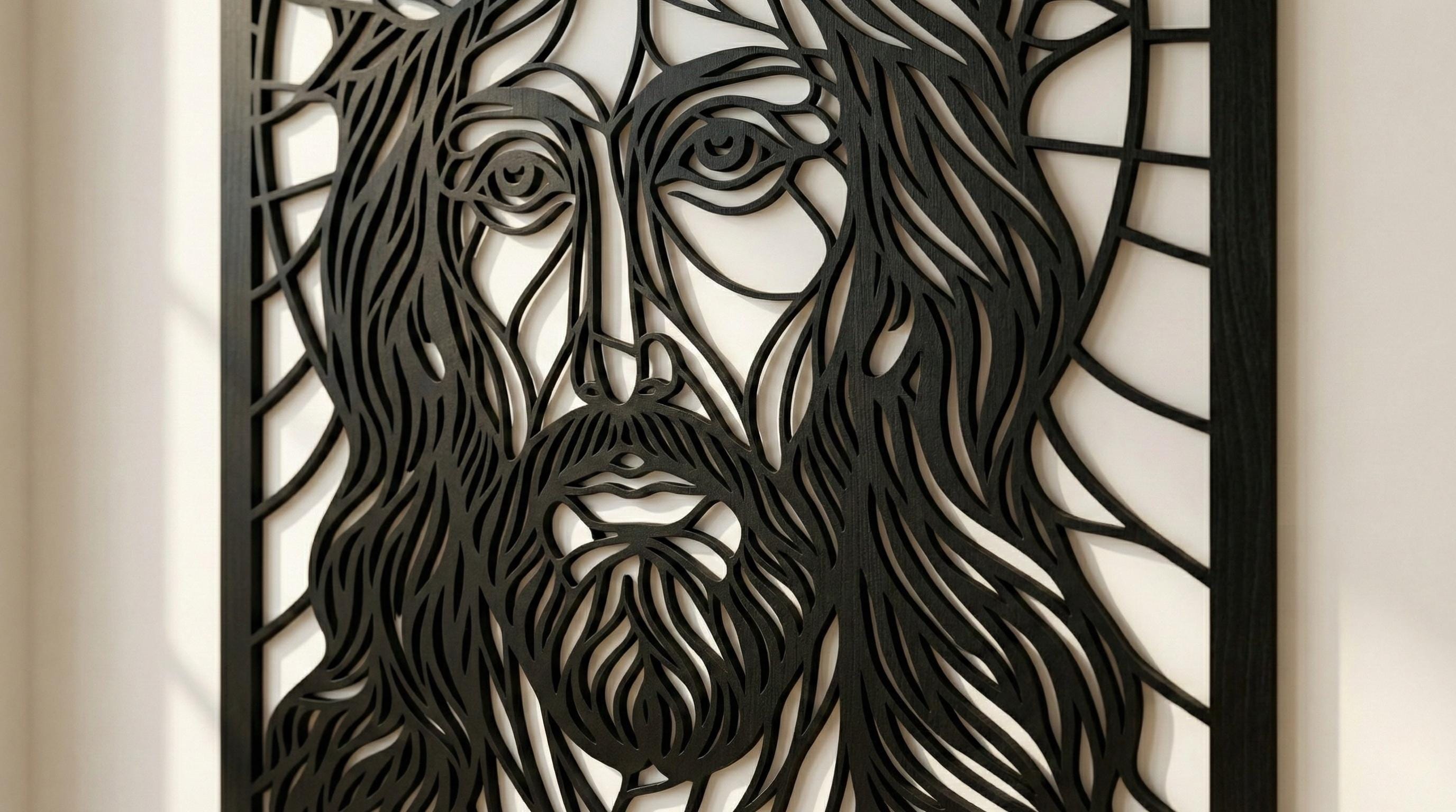 Laser Cut Religious Wall Art Decor – The Redeemer | Flow-Line Art with Black Frame | AI SVG DXF dwg Files