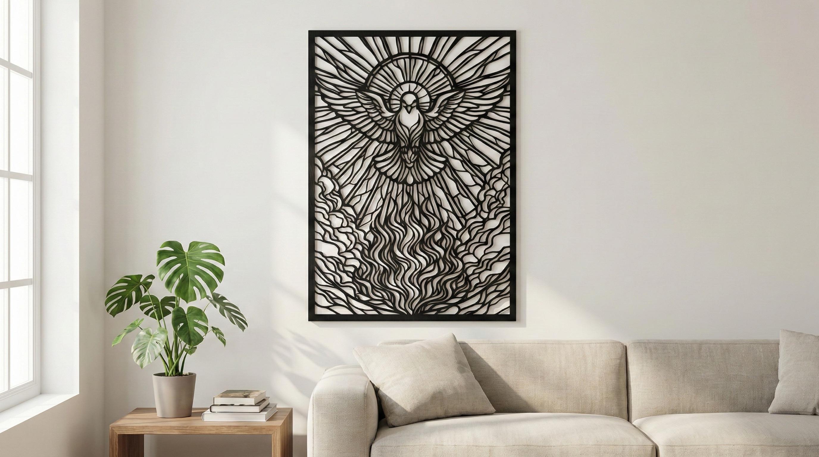 Laser Cut Religious Wall Art Decor – Divine Fire | Flow-Line Art with Black Frame | AI SVG DXF dwg Files