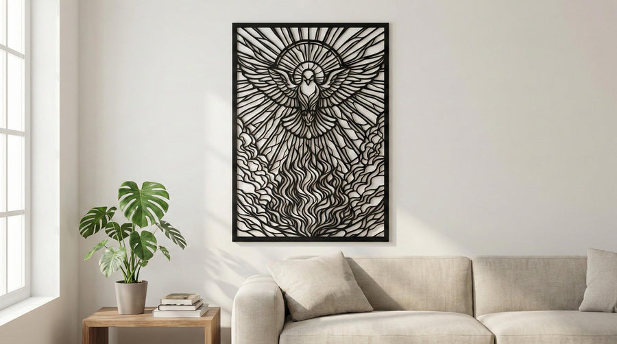 Arte Decorativo de Pared Religioso para Corte Láser – Fuego Divino | Flow-Line Art con Marco Negro | Archivos SVG AI DXF DWG PNG JPG