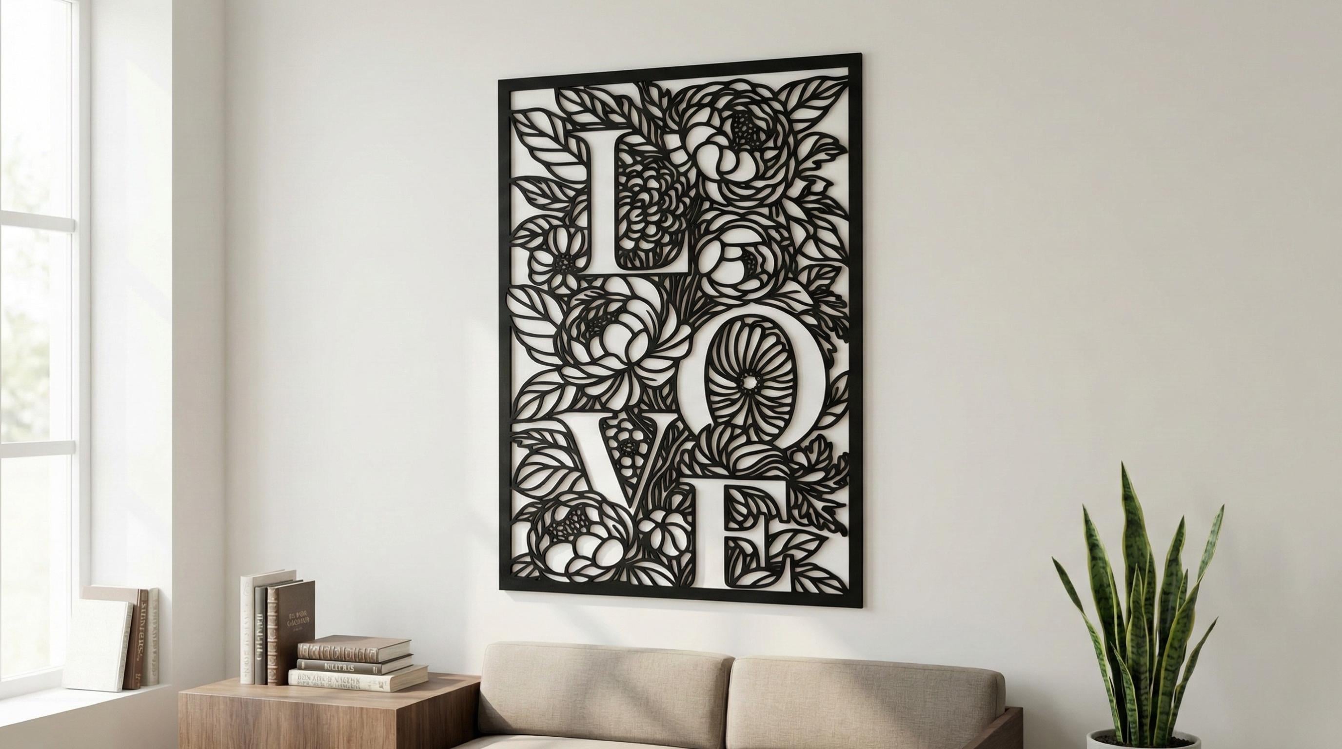 Puede incluir: Arte mural enmarcado en negro con la palabra "LOVE" recortada, rodeada de diseños florales y de hojas. La obra de arte está montada en una pared blanca. También se ven un sofá, libros y una planta en maceta.