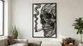 Puede incluir: Arte mural en blanco y negro que representa una calavera fumando un cigarro. La obra de arte está enmarcada en negro y tiene un diseño en capas único. Los rasgos de la calavera están intrincadamente tallados, con humo que se eleva del cigarro.