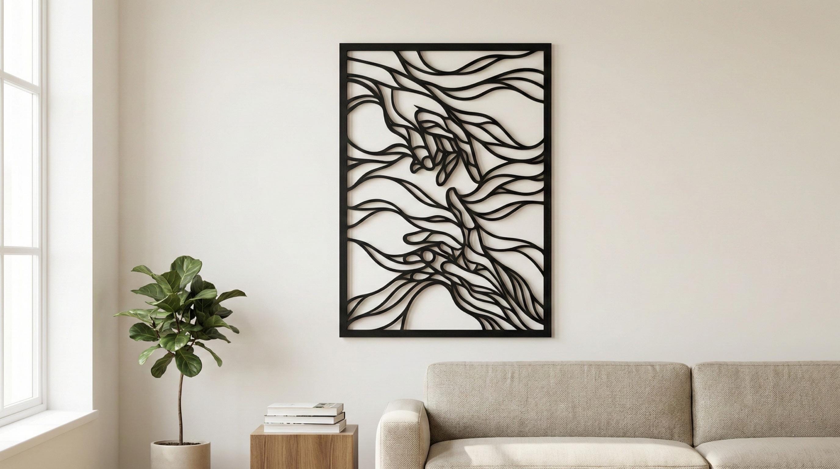 Laser Cut Abstract Wall Art Decor – Contact | Flow-Line Art with Black Frame | AI SVG DXF dwg Files