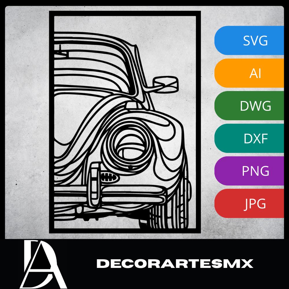 Laser Cut Car Wall Art Decor – Old Beetle | Flow-Line Art with Black Frame | AI SVG DXF dwg Files