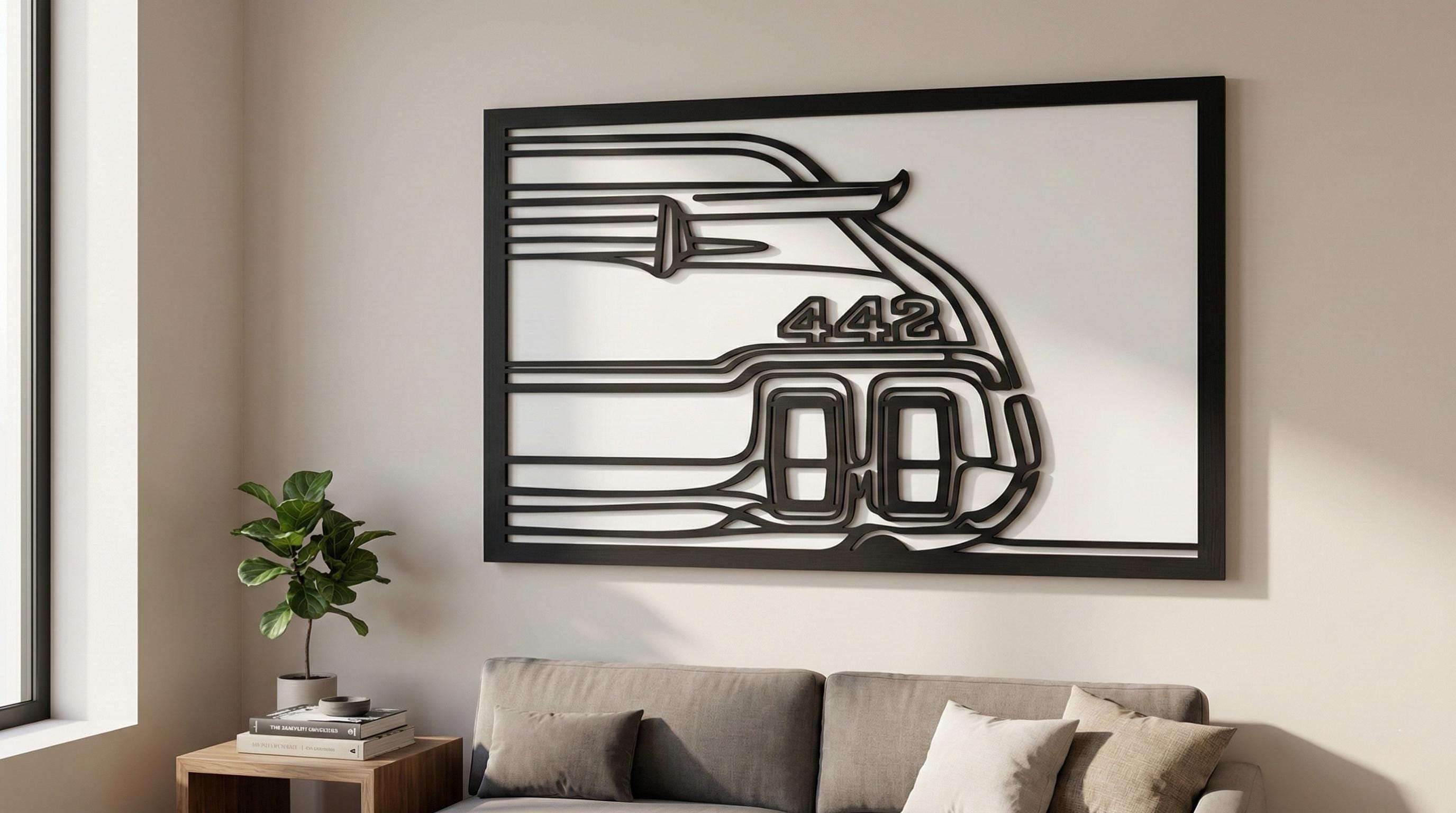 Laser Cut Car Wall Art Decor – Oldsmobile 442 | Flow-Line Art with Black Frame | AI SVG DXF dwg Files