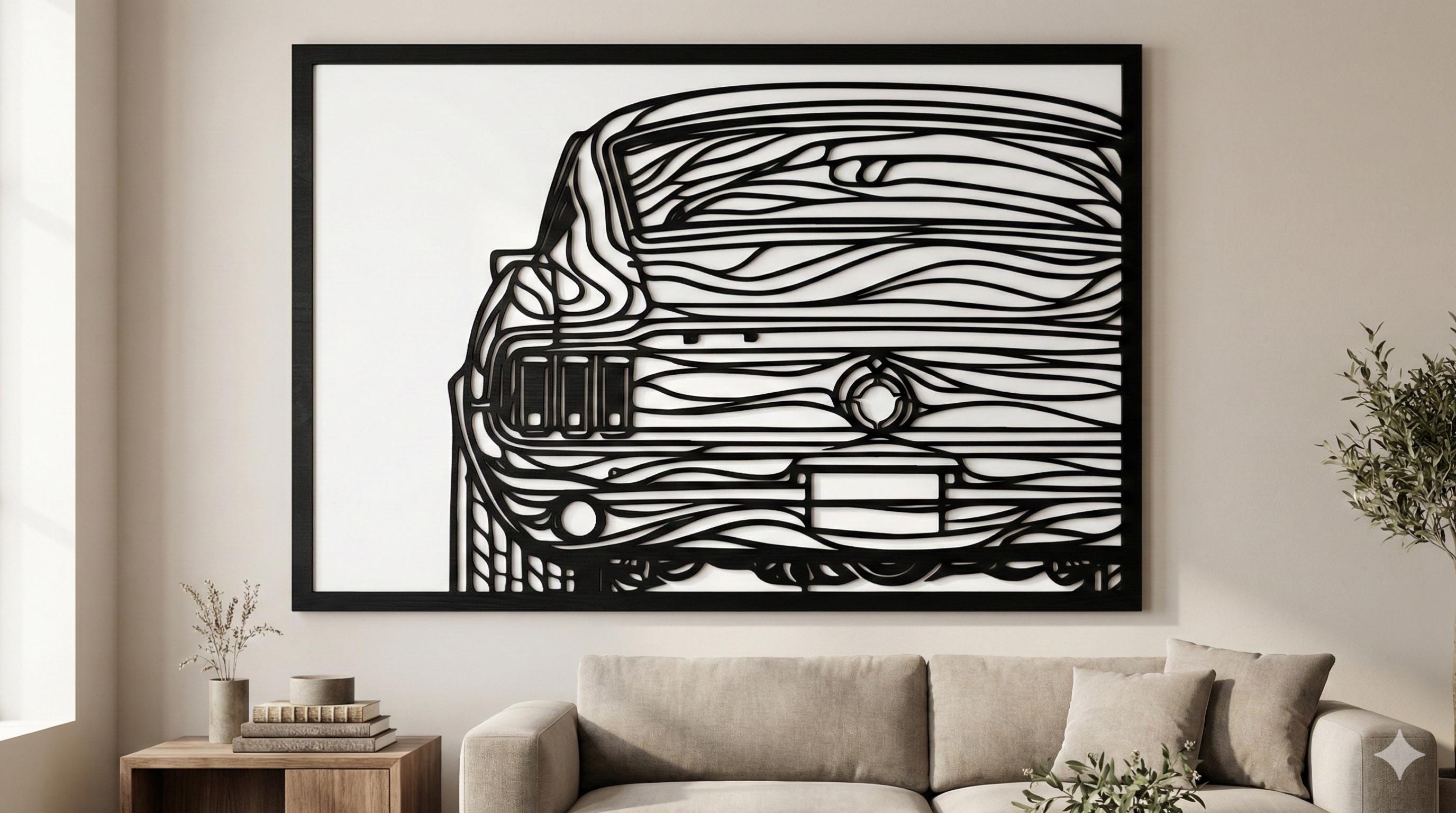 Laser Cut Car Wall Art Decor – Mustang 67 | Flow-Line Art with Black Frame | AI SVG DXF dwg Files