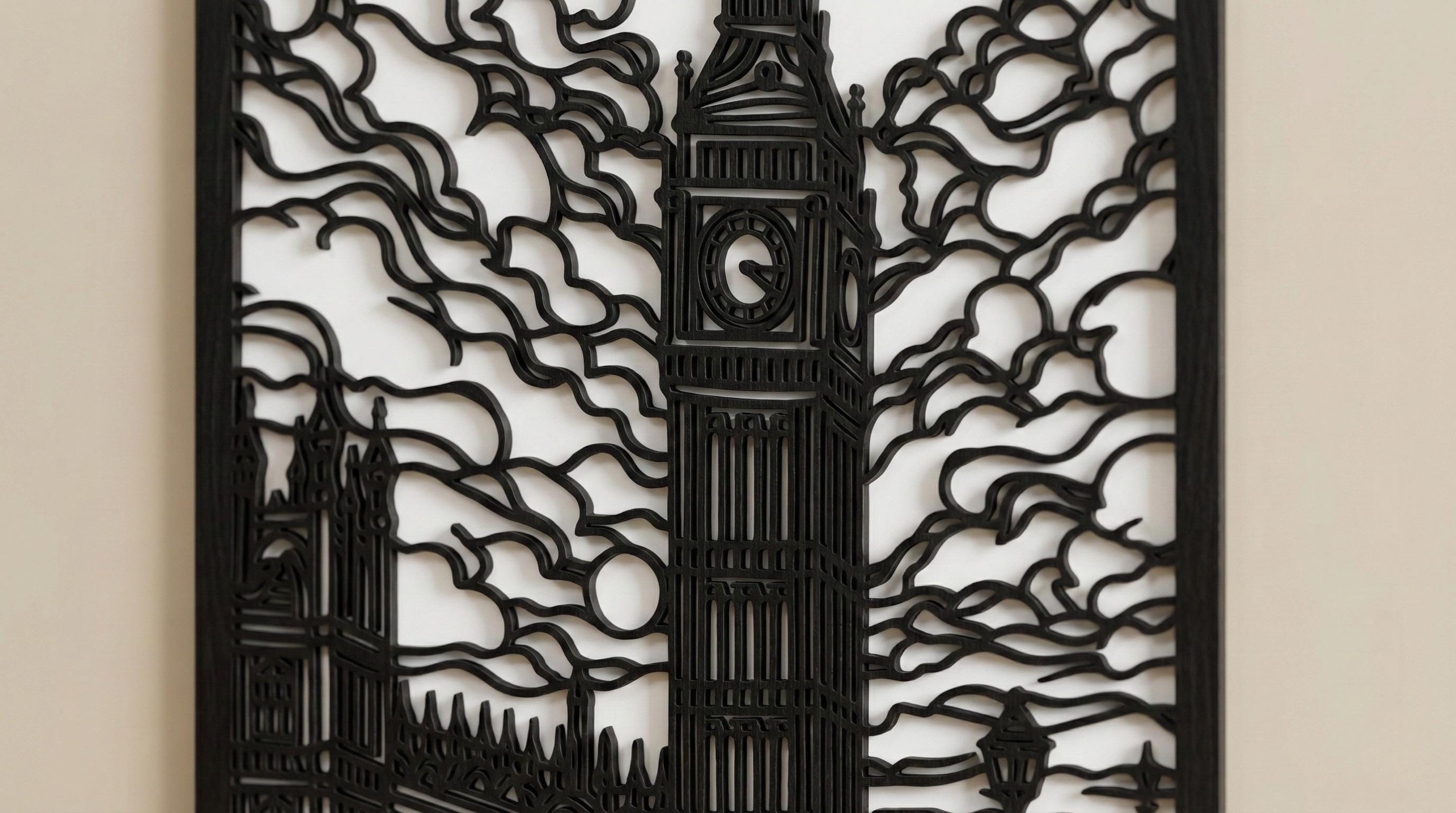 Laser Cut Landscapes Wall Art Decor – Big Ben | Flow-Line Art with Black Frame | AI SVG DXF dwg Files
