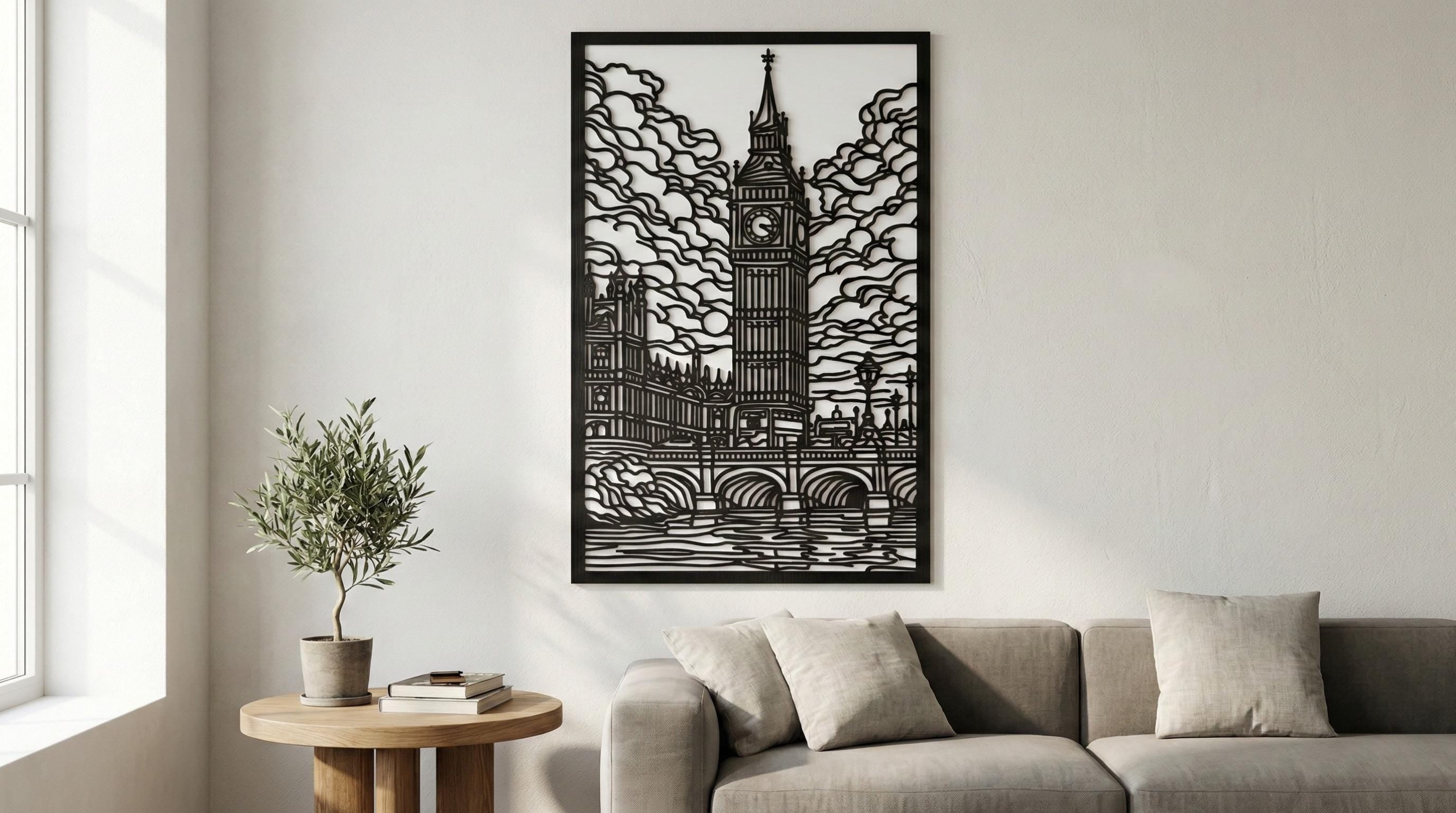 Laser Cut Landscapes Wall Art Decor – Big Ben | Flow-Line Art with Black Frame | AI SVG DXF dwg Files