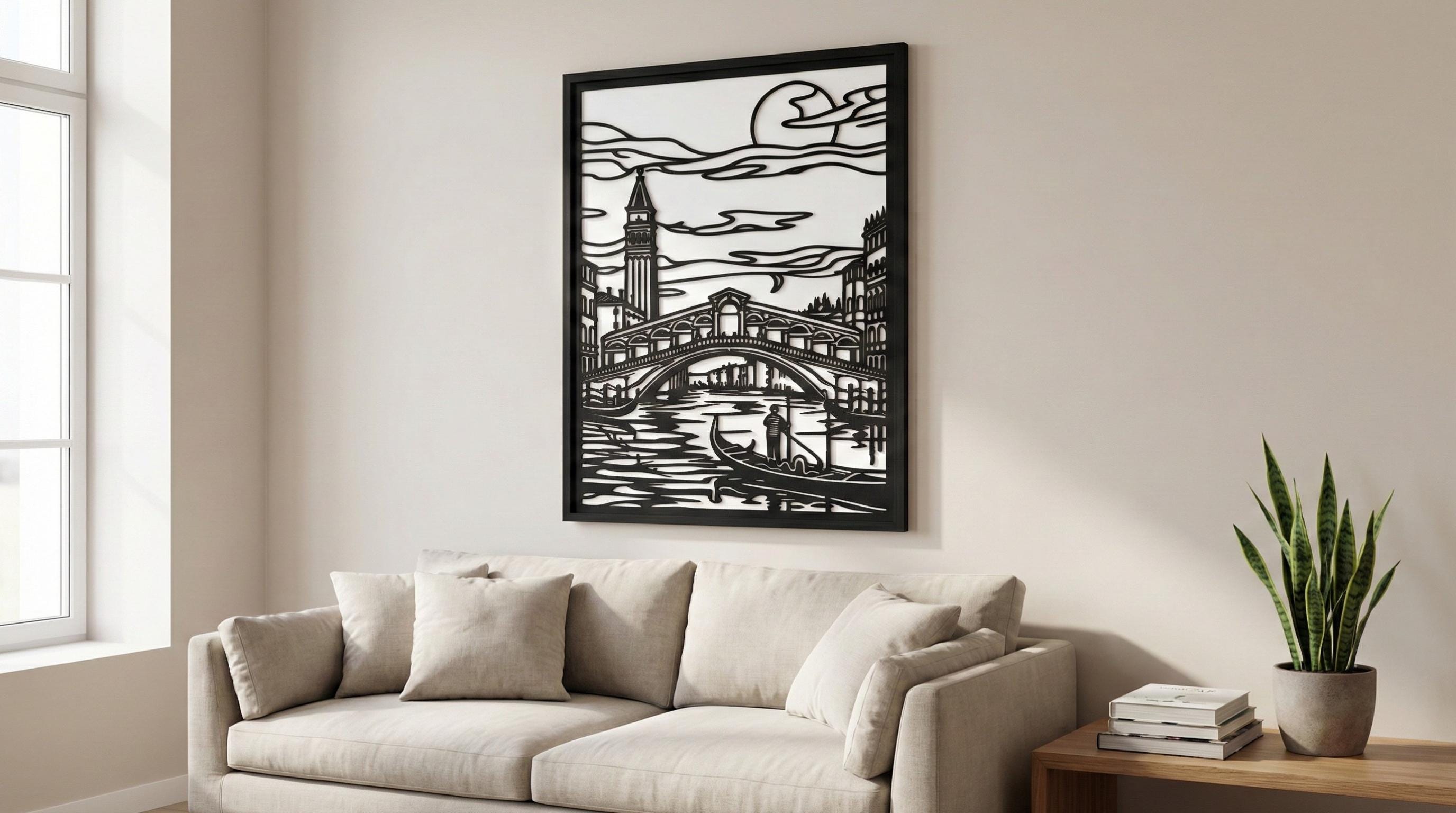Laser Cut Landscapes Wall Art Decor – Rialto Bridge | Flow-Line Art with Black Frame | AI SVG DXF dwg Files