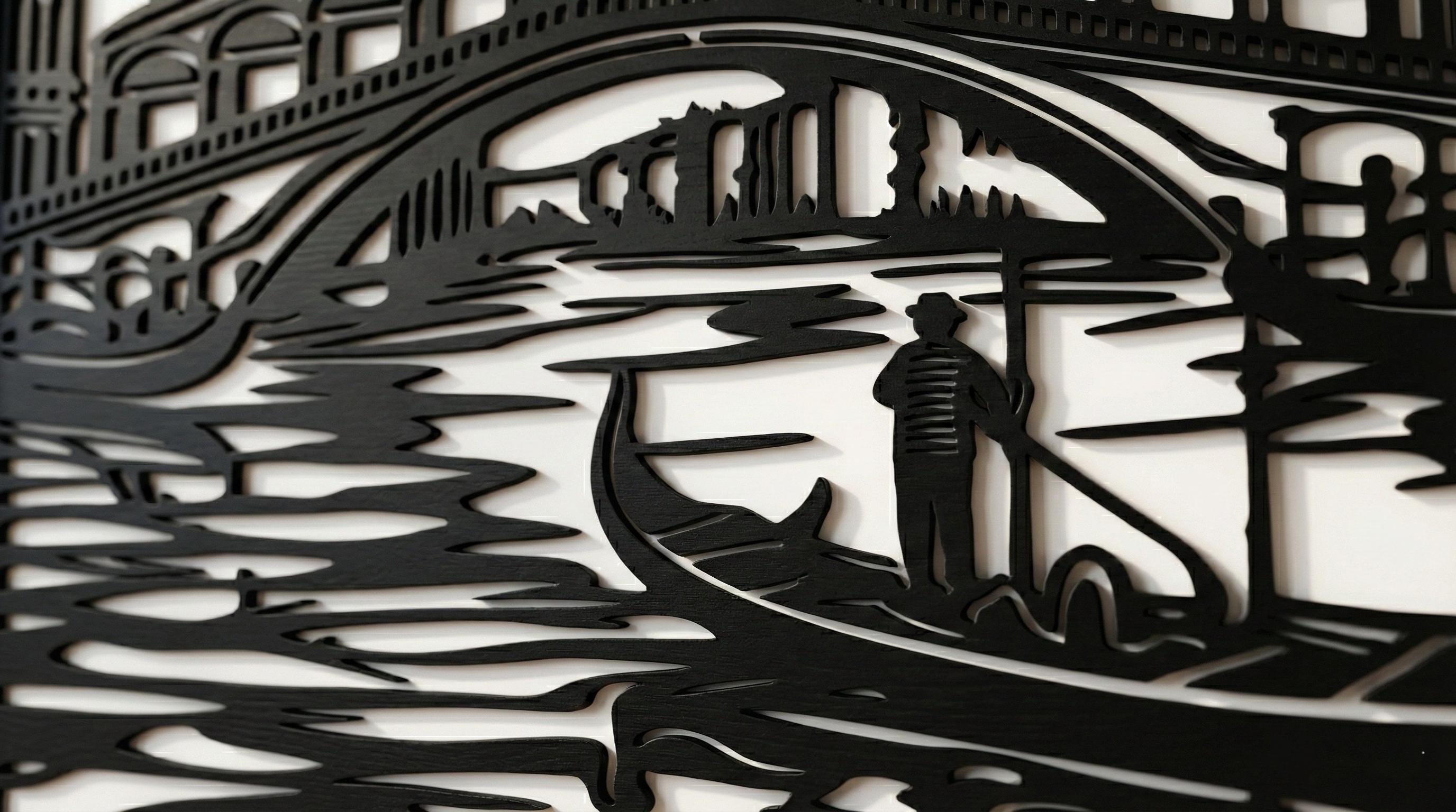 Laser Cut Landscapes Wall Art Decor – Rialto Bridge | Flow-Line Art with Black Frame | AI SVG DXF dwg Files