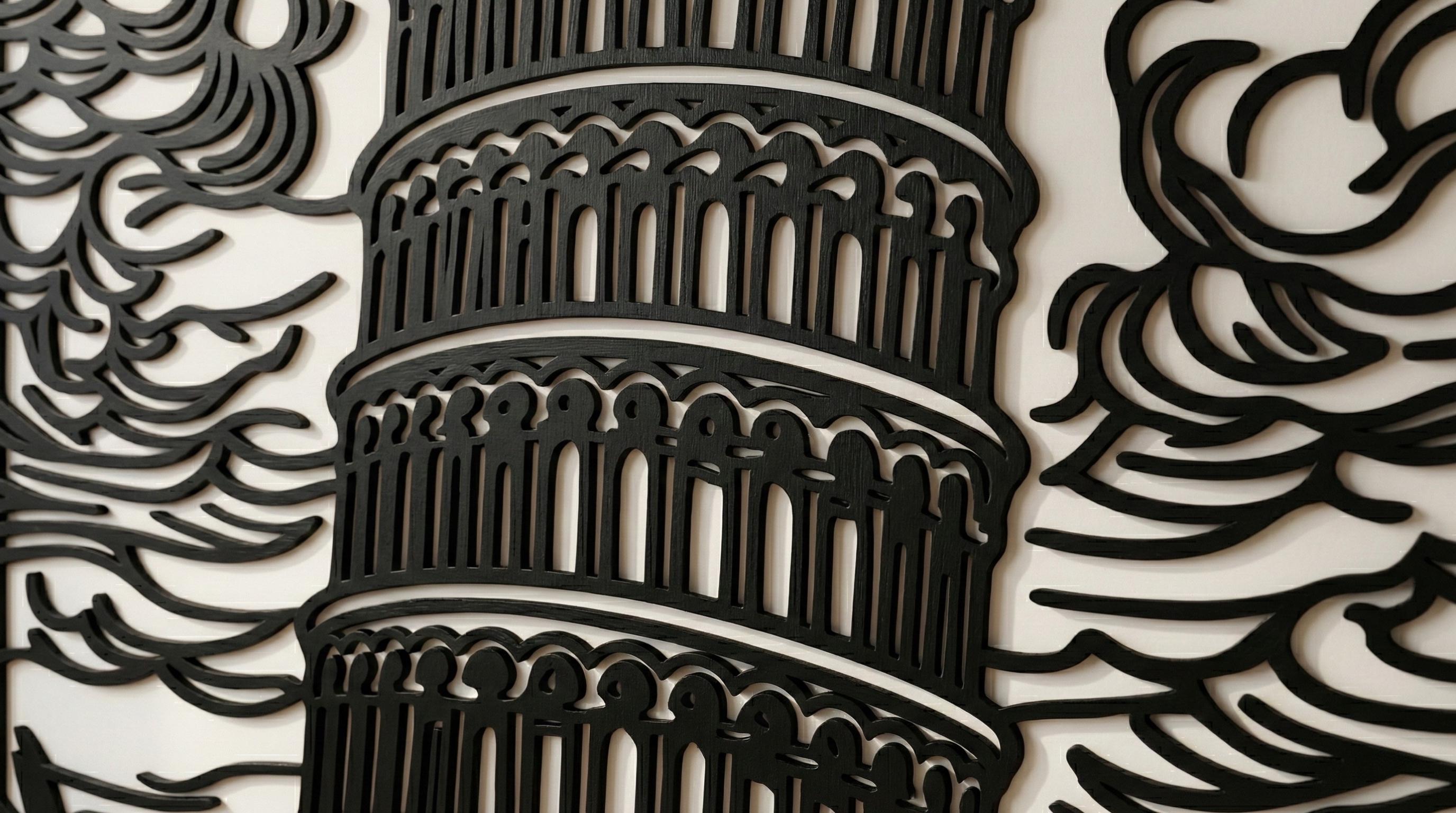 Laser Cut Landscapes Wall Art Decor – Leaning Tower of Pisa | Flow-Line Art with Black Frame | AI SVG DXF dwg Files