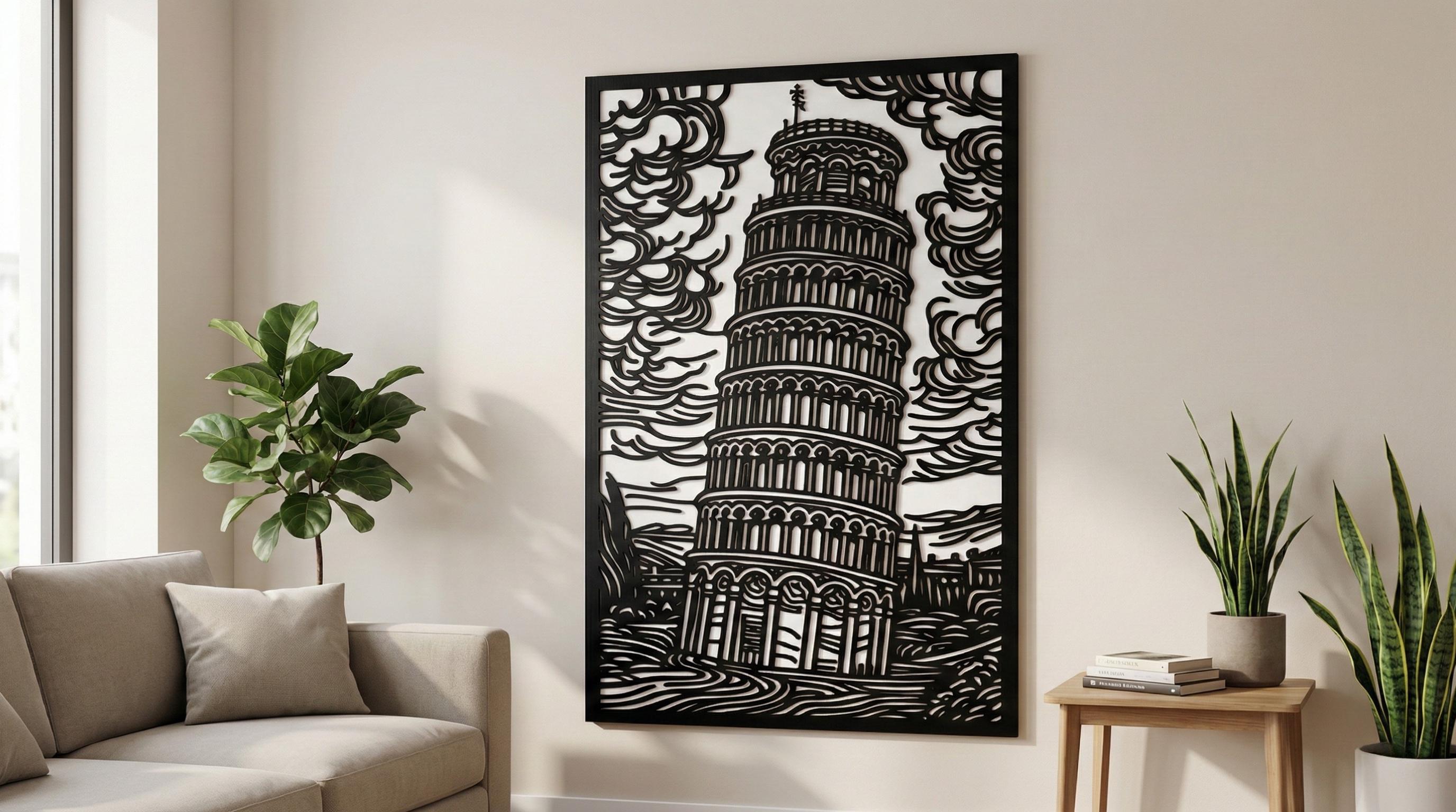 Laser Cut Landscapes Wall Art Decor – Leaning Tower of Pisa | Flow-Line Art with Black Frame | AI SVG DXF dwg Files