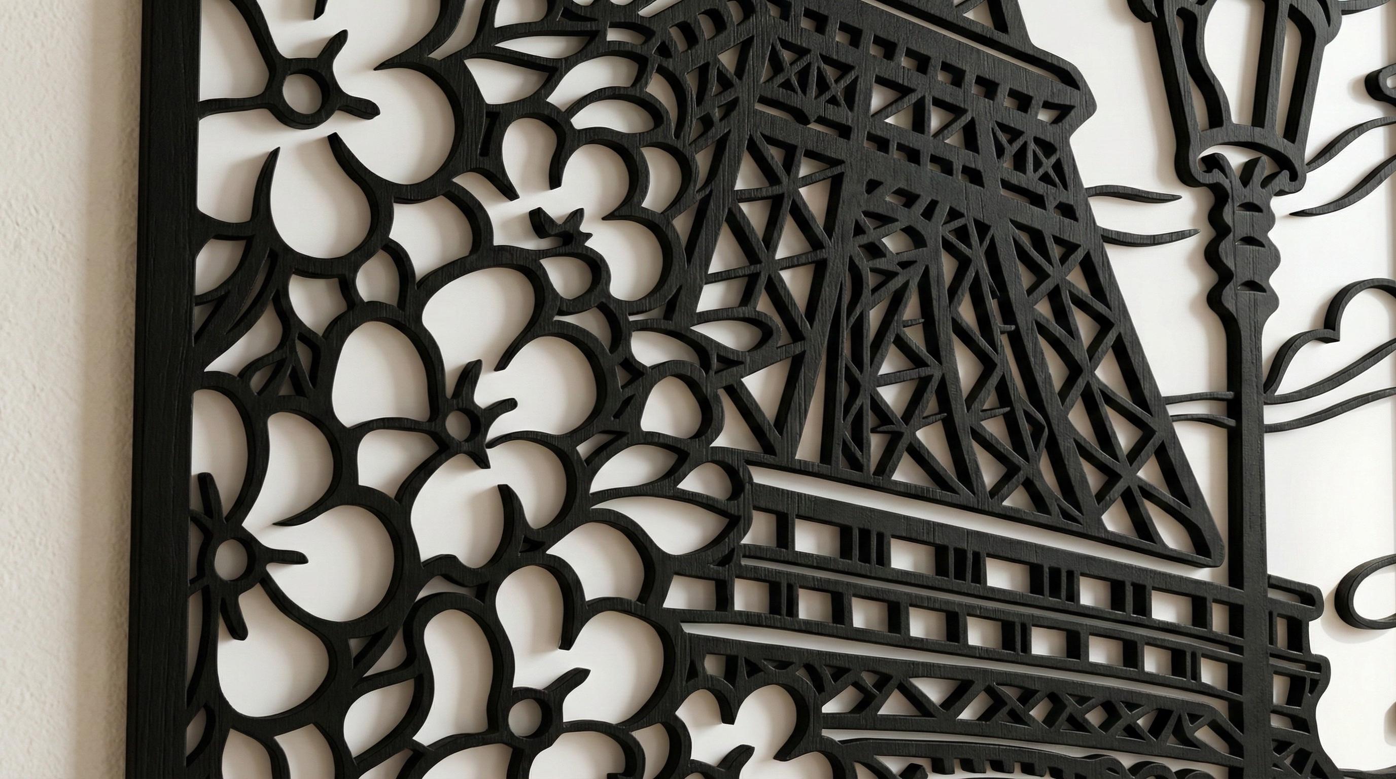 Laser Cut Landscapes Wall Art Decor – Eiffel Tower | Flow-Line Art with Black Frame | AI SVG DXF dwg Files