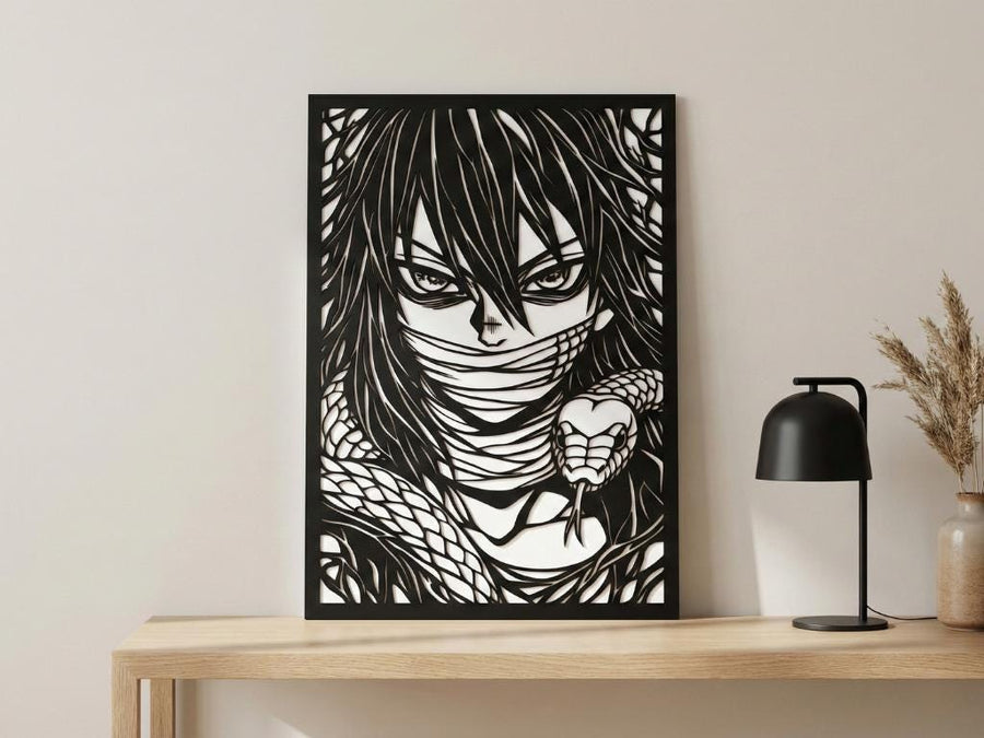 Arte Decorativo de Pared Anime para Corte Láser – Obanai Iguro | Flow-Line Art con Marco Negro | Archivos SVG AI DXF DWG PNG JPG