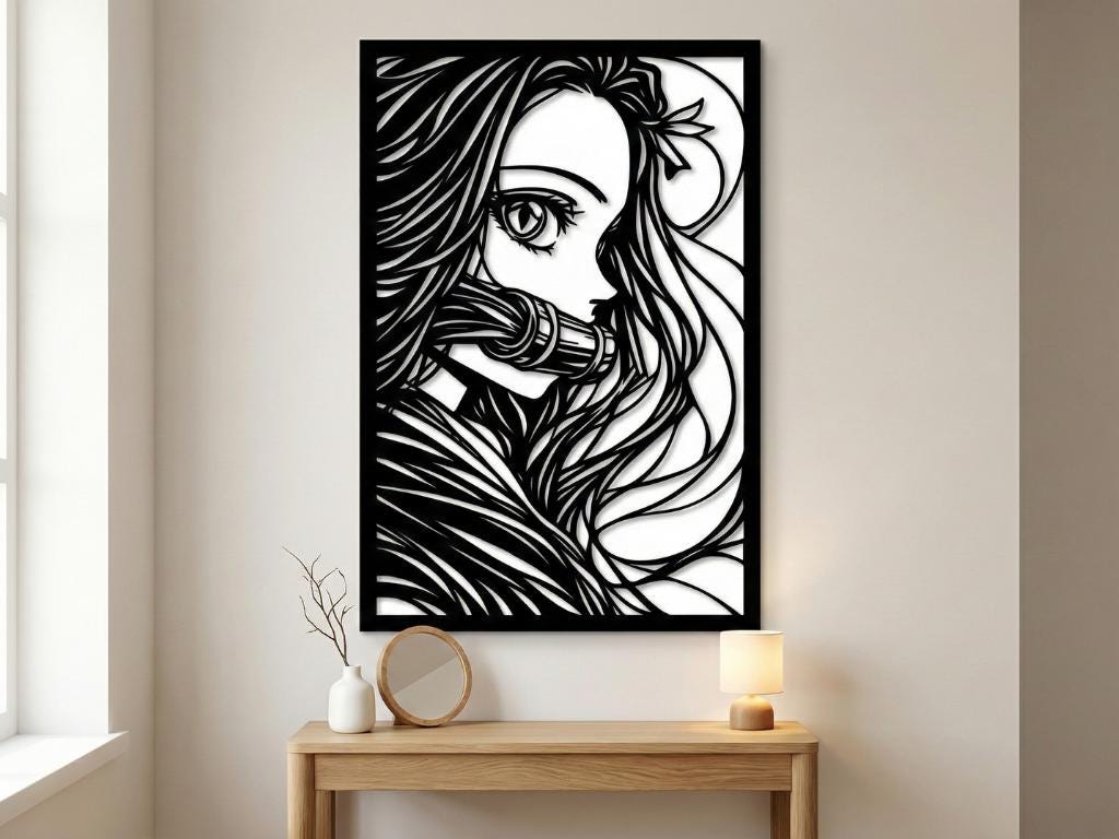 Laser Cut Anime Wall Art Decor – Nezuko Kamado | Flow-Line Art Black Frame | SVG AI DXF dwg Files