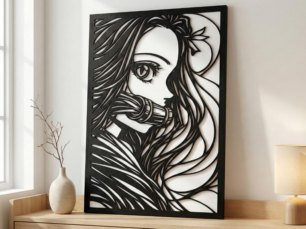 Laser Cut Anime Wall Art Decor – Nezuko Kamado | Flow-Line Art Black Frame | SVG AI DXF dwg Files