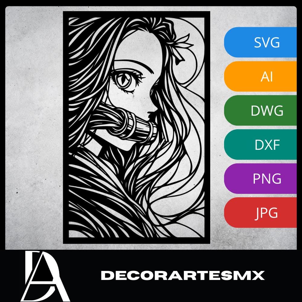 Laser Cut Anime Wall Art Decor – Nezuko Kamado | Flow-Line Art Black Frame | SVG AI DXF dwg Files