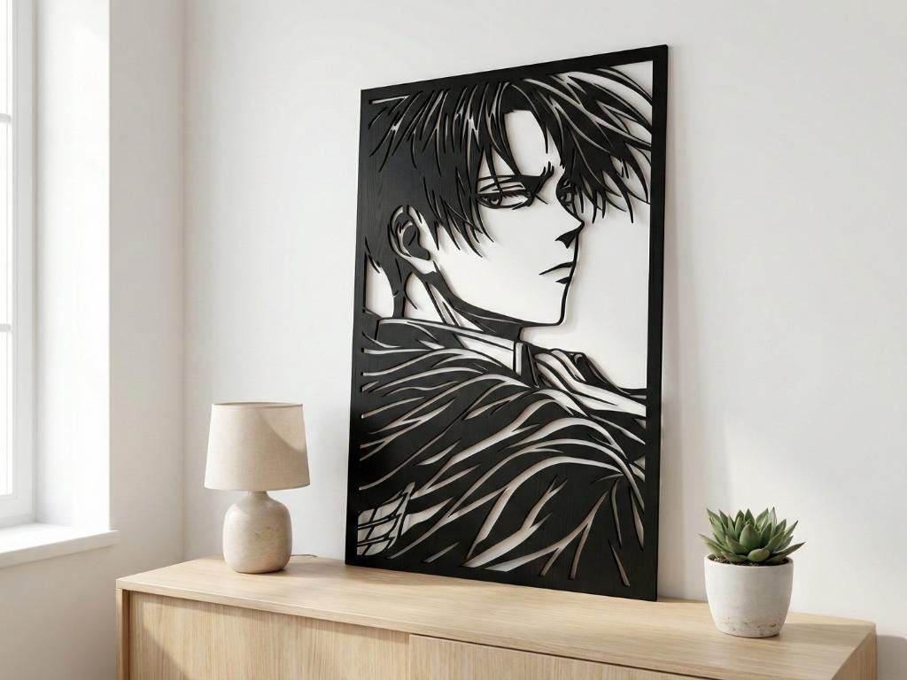 Laser Cut Anime Wall Art Decor – Levi Ackerman | Flow-Line Art Black Frame | SVG AI DXF dwg Files