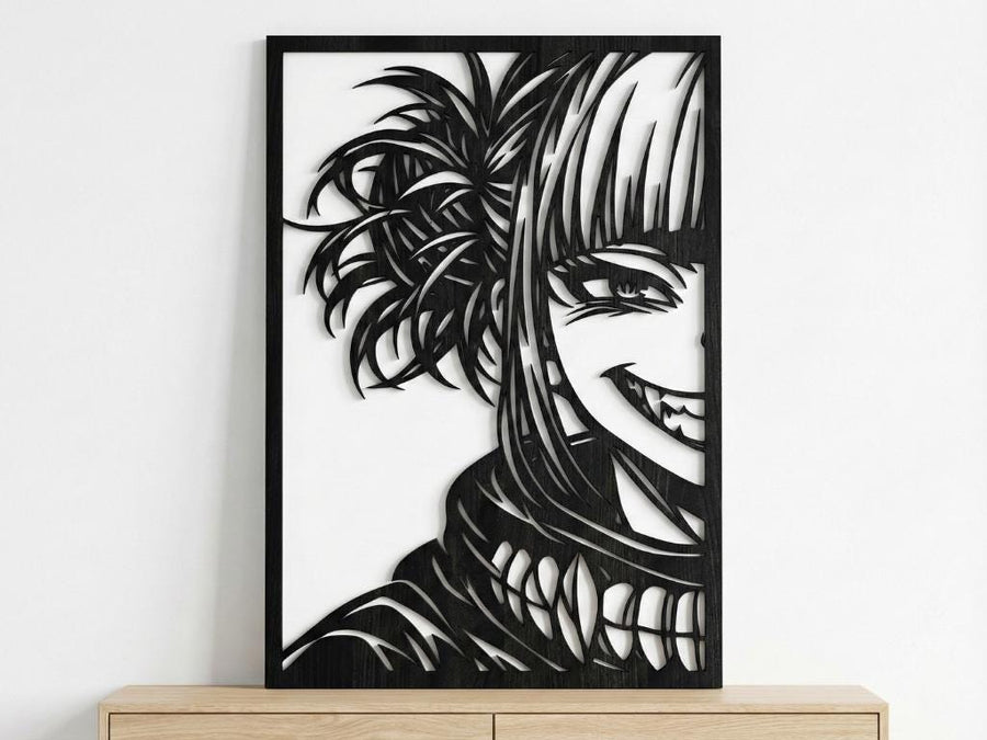 Arte Decorativo de Pared Anime para Corte Láser – Himiko Toga | Flow-Line Art con Marco Negro | Archivos SVG AI DXF DWG PNG JPG