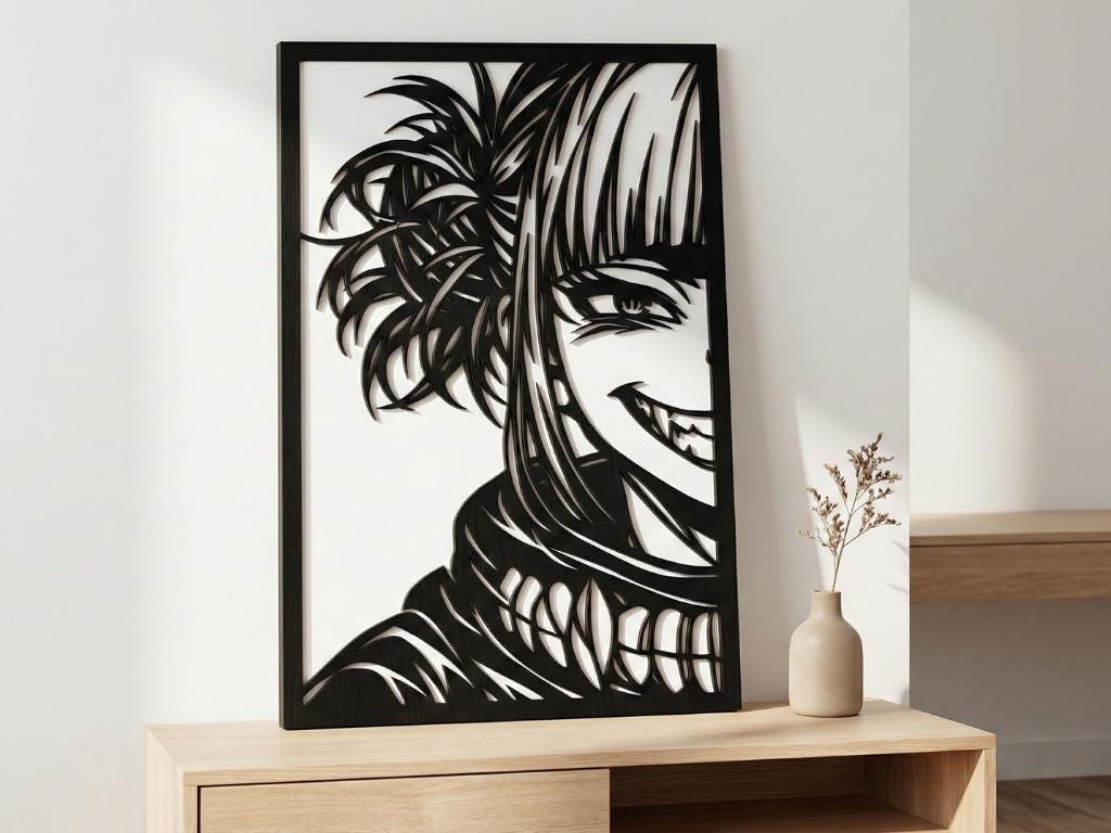 Laser Cut Anime Wall Art Decor – Himiko Toga | Flow-Line Art Black Frame | SVG AI DXF dwg Files