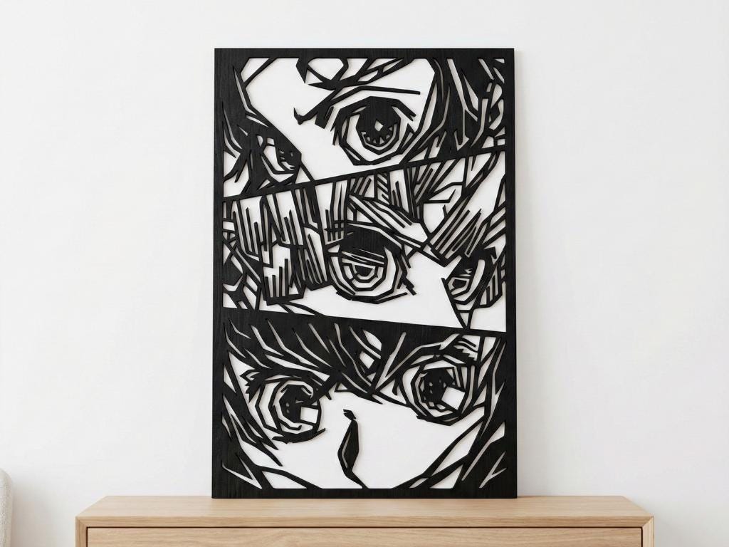 Laser Cut Anime Wall Art Decor – Kimetsu Team | Flow-Line Art Black Frame | SVG AI DXF dwg Files