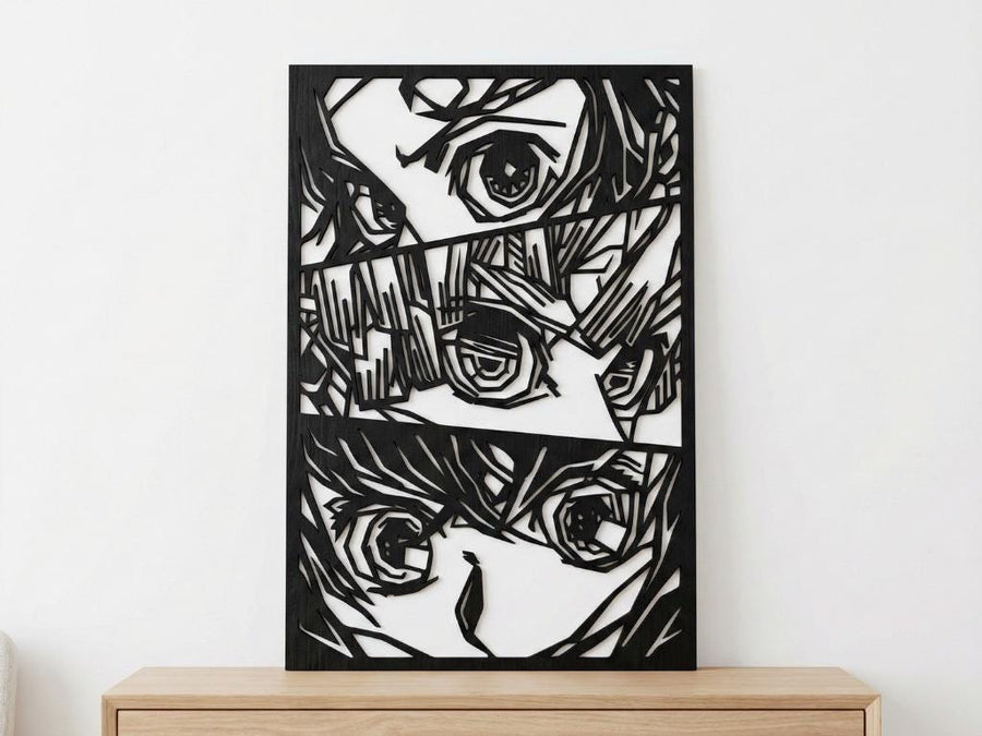 Arte Decorativo de Pared Anime para Corte Láser – Kimetsu Team | Flow-Line Art con Marco Negro | Archivos SVG AI DXF DWG PNG JPG