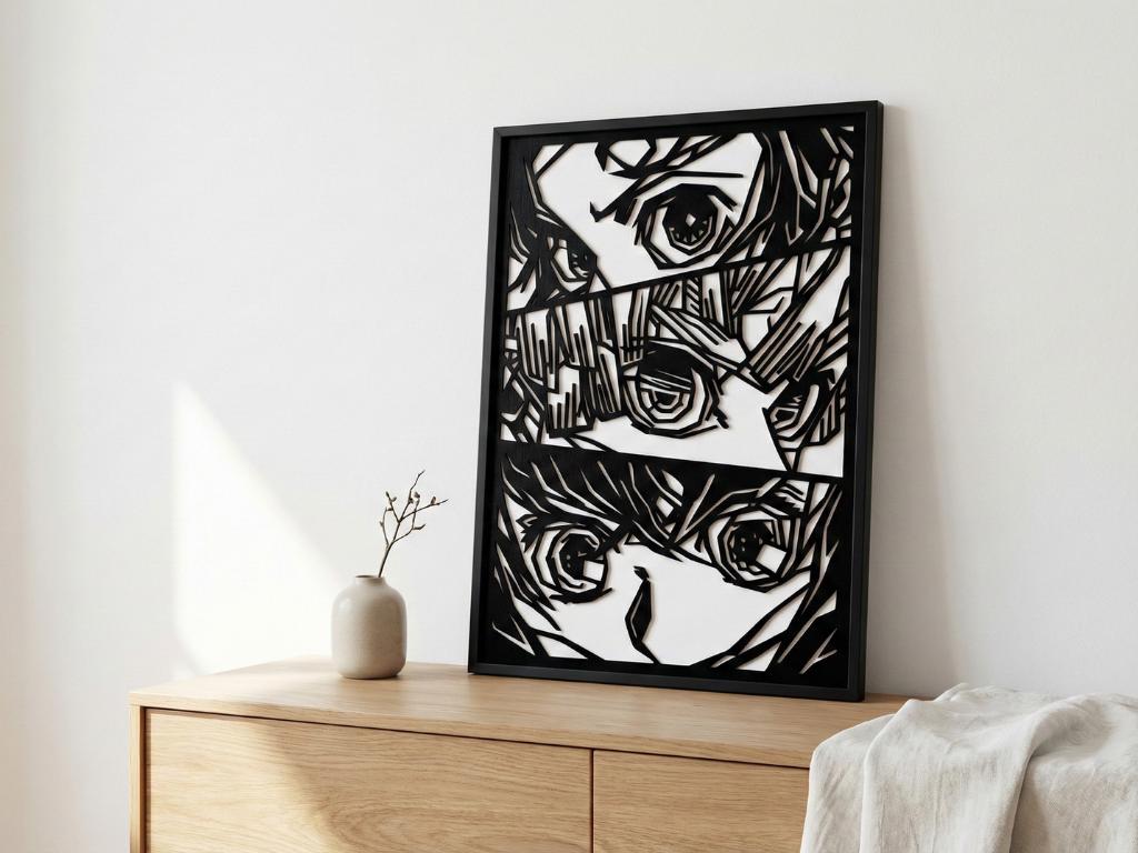 Laser Cut Anime Wall Art Decor – Kimetsu Team | Flow-Line Art Black Frame | SVG AI DXF dwg Files