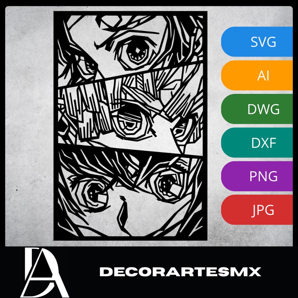 Laser Cut Anime Wall Art Decor – Kimetsu Team | Flow-Line Art Black Frame | SVG AI DXF dwg Files