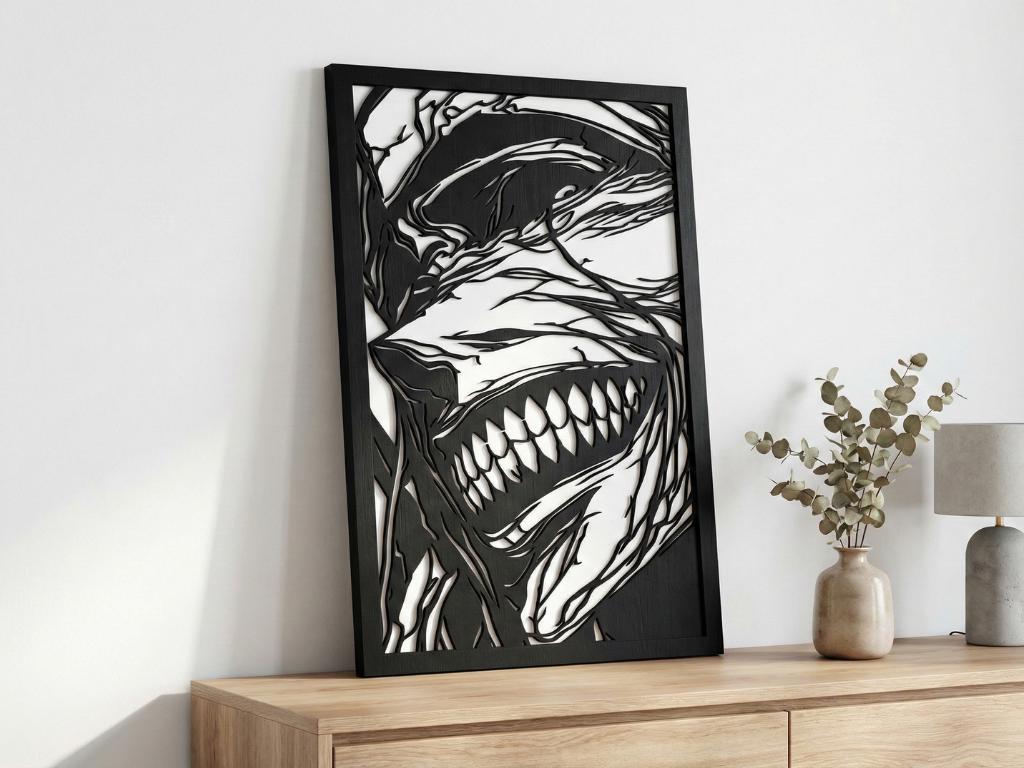 Laser Cut Anime Wall Art Decor – Statue of God | Flow-Line Art Black Frame | SVG AI DXF dwg Files