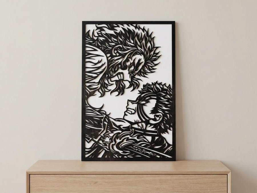 Arte Decorativo de Pared Anime para Corte Láser – Rengoku vs Akasa | Flow-Line Art con Marco Negro | Archivos SVG AI DXF DWG PNG JPG