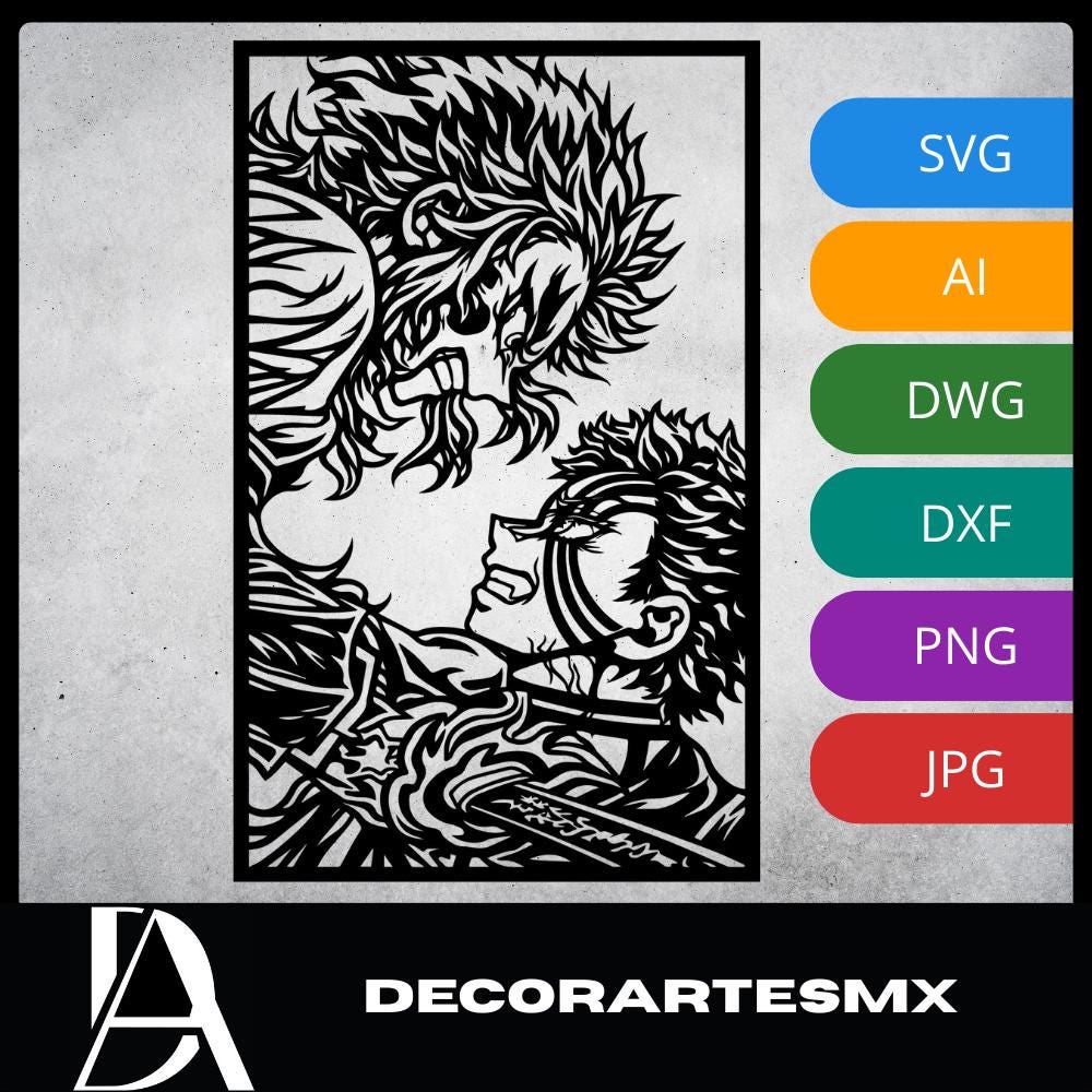 Laser Cut Anime Wall Art Decor – Rengoku vs Akaza | Flow-Line Art Black Frame | SVG AI DXF dwg Files