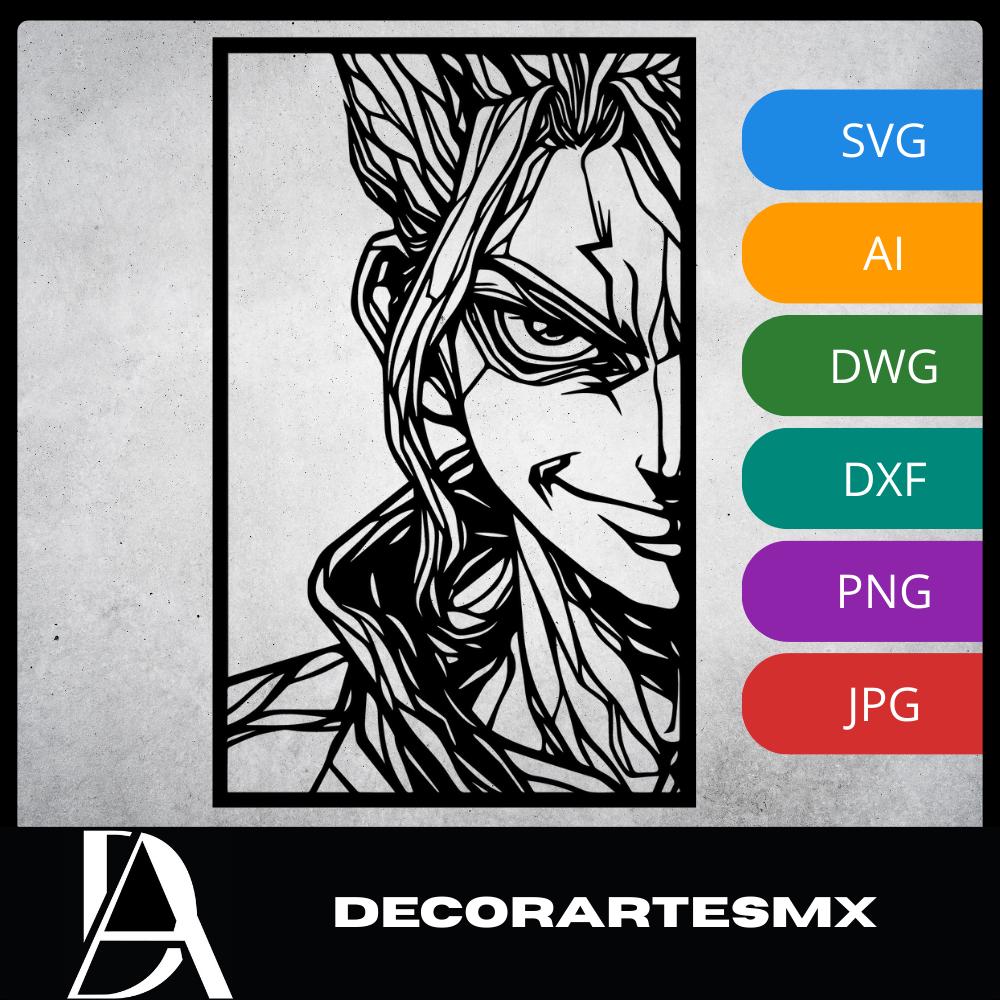 Laser Cut Anime Wall Art Decor – Senku Ishigami | Flow-Line Art Black Frame | SVG AI DXF dwg Files