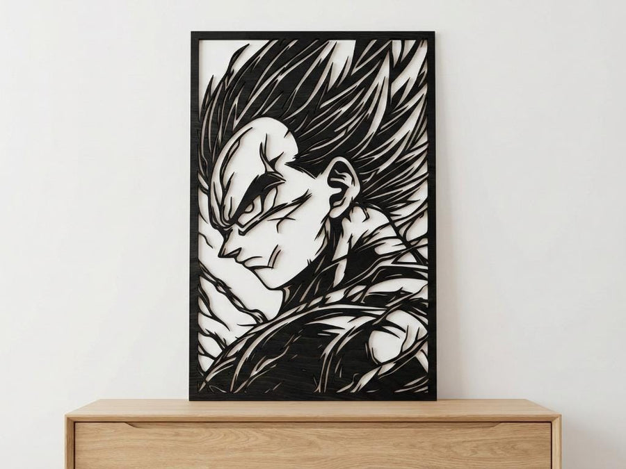 Arte Decorativo de Pared Anime para Corte Láser – Vegeta | Flow-Line Art con Marco Negro | Archivos SVG AI DXF DWG PNG JPG