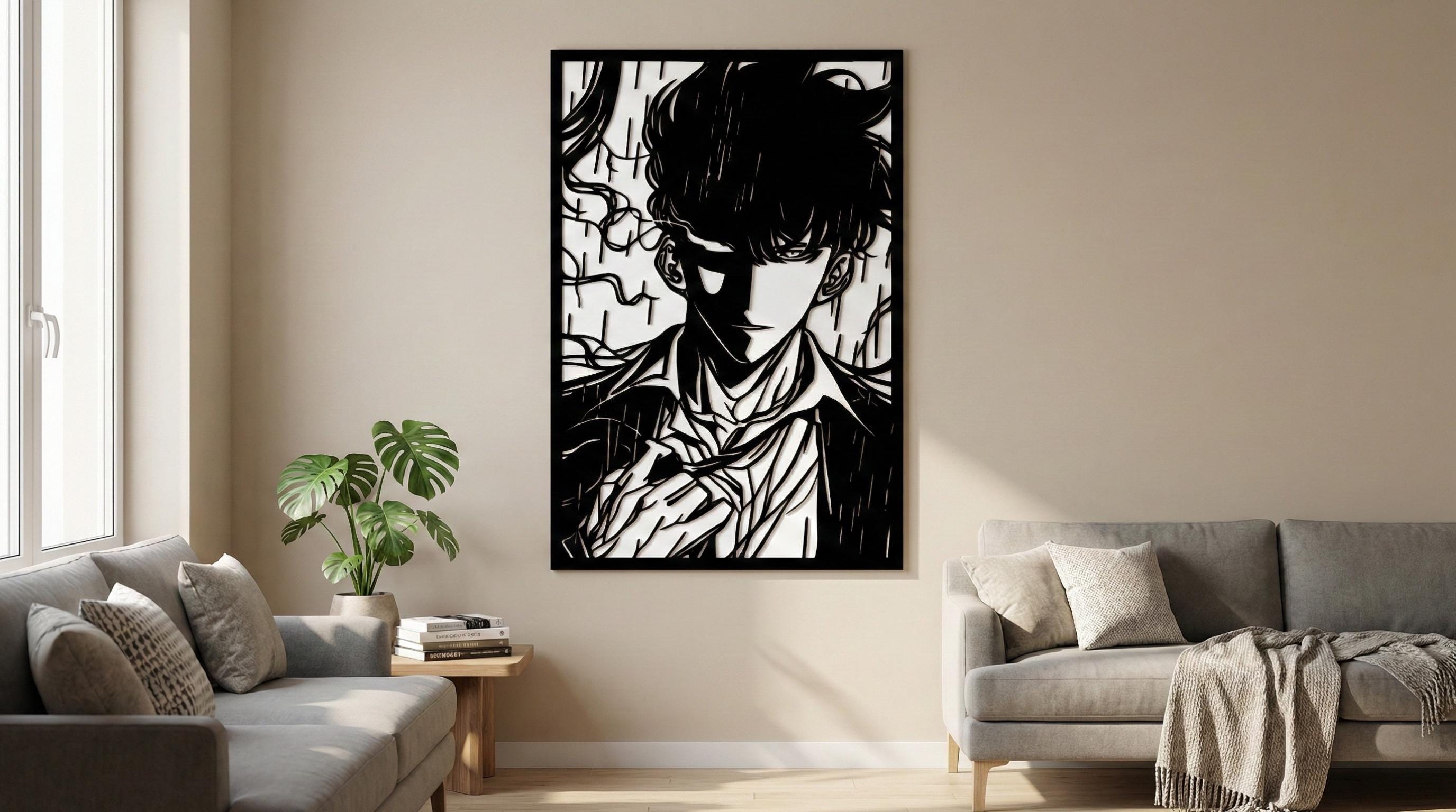 Laser Cut Anime Wall Art Decor – Sung Jin Woo | Flow-Line Art Black Frame | SVG AI DXF dwg Files
