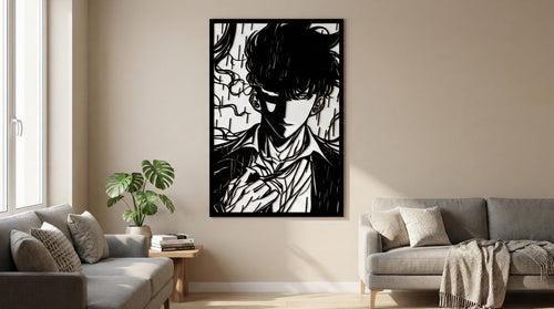 Laser Cut Anime Wall Art Decor – Sung Jin Woo | Flow-Line Art Black Frame | SVG AI DXF dwg Files
