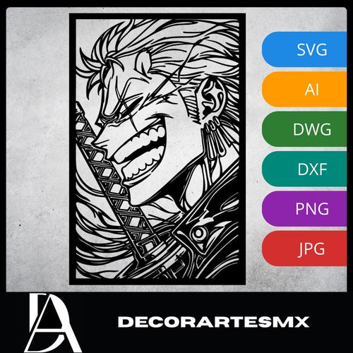 Laser Cut Anime Wall Art Decor – Zoro | Flow-Line Art Black Frame | SVG AI DXF dwg Files