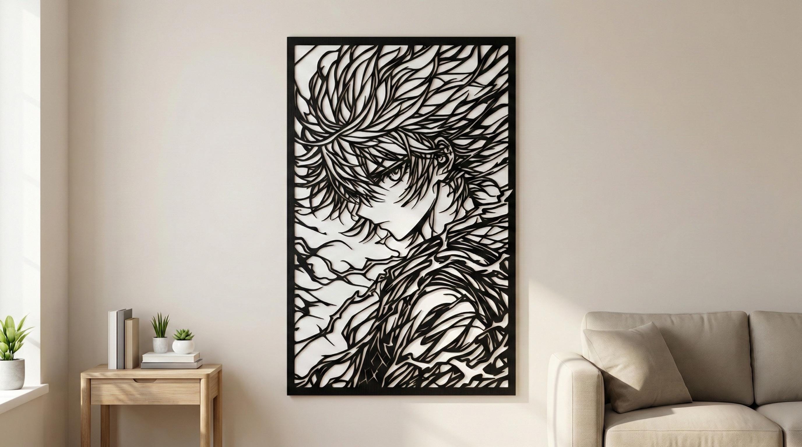 Laser Cut Anime Wall Art Decor – Killua | Flow-Line Art Black Frame | SVG AI DXF dwg Files