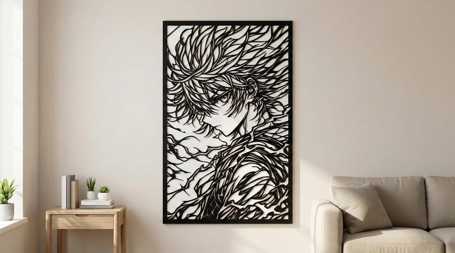 Arte Decorativo de Pared Anime para Corte Láser – Killua | Flow-Line Art con Marco Negro | Archivos SVG AI DXF DWG PNG JPG