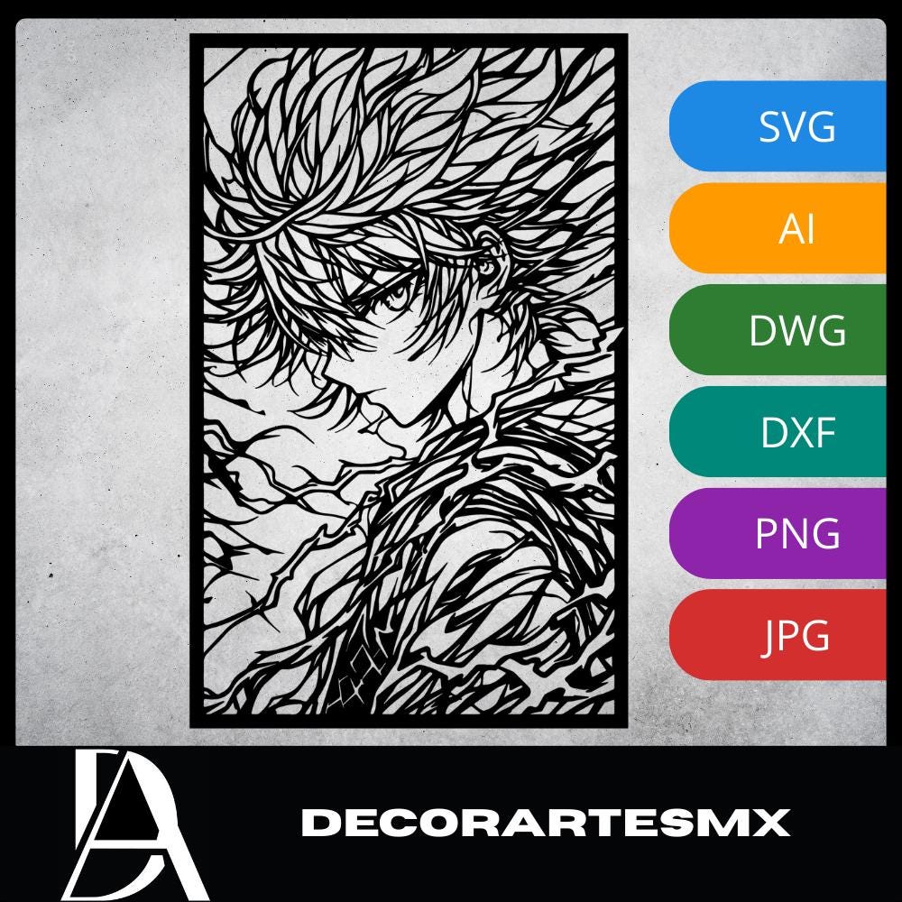 Laser Cut Anime Wall Art Decor – Killua | Flow-Line Art Black Frame | SVG AI DXF dwg Files