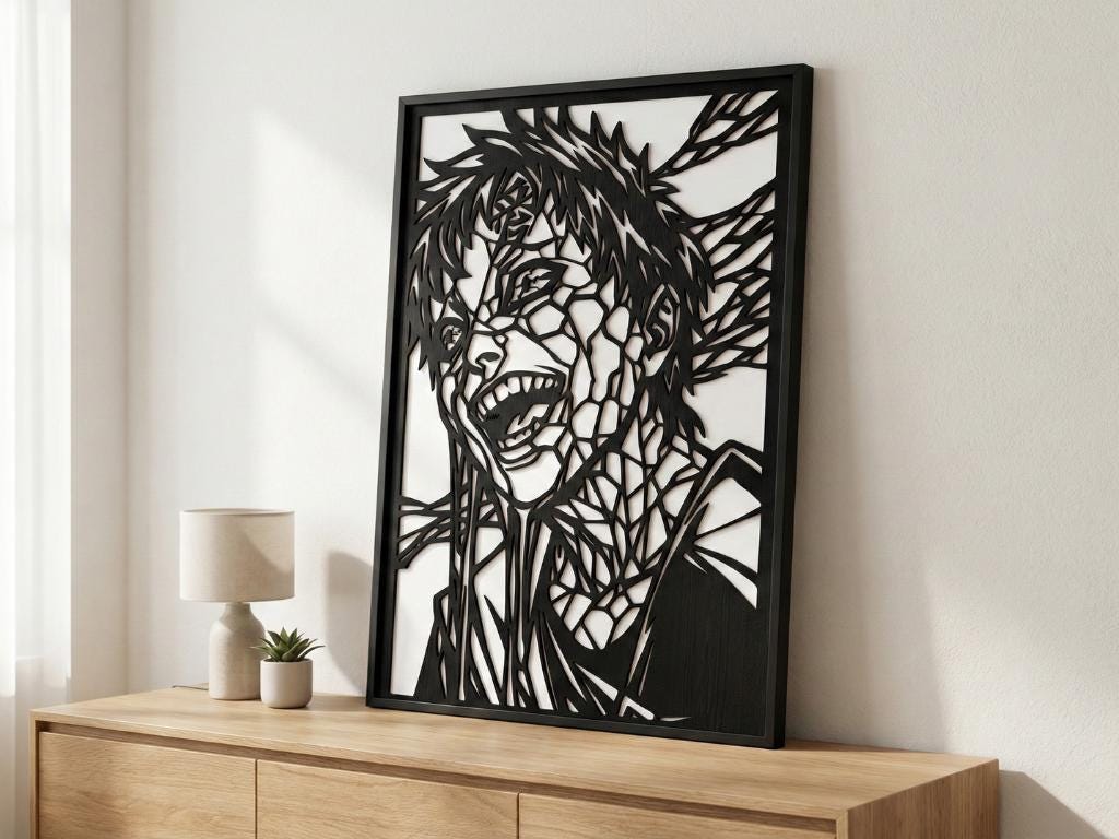 Laser Cut Anime Wall Art Decor – Gaara | Flow-Line Art Black Frame | SVG AI DXF dwg Files