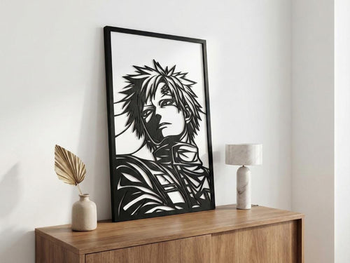 Laser Cut Anime Wall Art Decor – Gaara 2 | Flow-Line Art Black Frame | SVG AI DXF dwg Files
