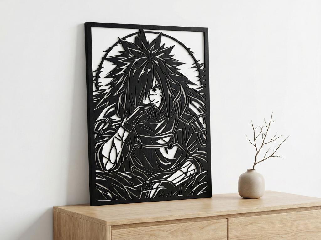 Laser Cut Anime Wall Art Decor – Madara Uchiha 2 | Flow-Line Art Black Frame | SVG AI DXF dwg Files