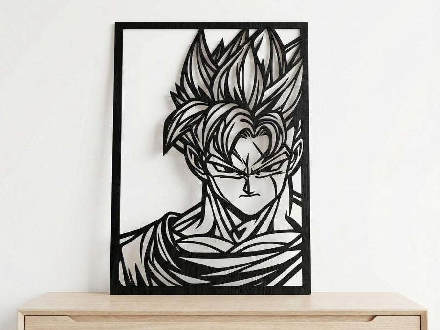 Arte Decorativo de Pared Anime para Corte Láser – Gohan del Futuro | Flow-Line Art con Marco Negro | Archivos SVG AI DXF DWG PNG JPG