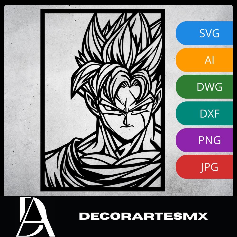 Laser Cut Anime Wall Art Decor – Future Gohan | Flow-Line Art Black Frame | SVG AI DXF dwg Files