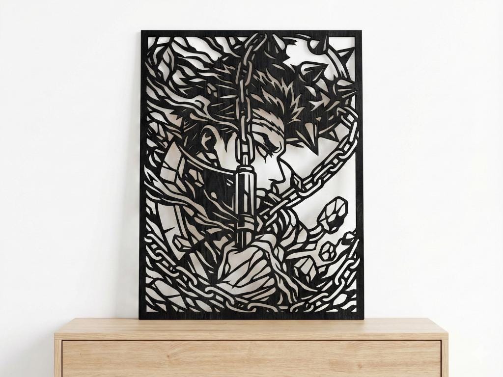 Laser Cut Anime Wall Art Decor – Gyomei Himejima | Flow-Line Art Black Frame | SVG AI DXF dwg Files
