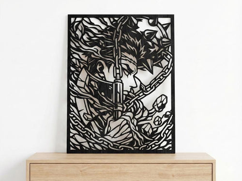 Laser Cut Anime Wall Art Decor – Gyomei Himejima | Flow-Line Art Black Frame | SVG AI DXF dwg Files
