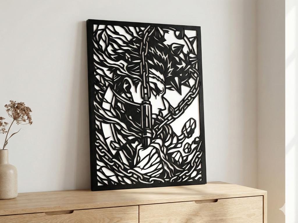 Laser Cut Anime Wall Art Decor – Gyomei Himejima | Flow-Line Art Black Frame | SVG AI DXF dwg Files