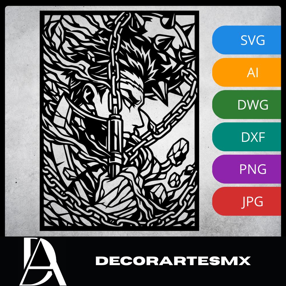 Laser Cut Anime Wall Art Decor – Gyomei Himejima | Flow-Line Art Black Frame | SVG AI DXF dwg Files