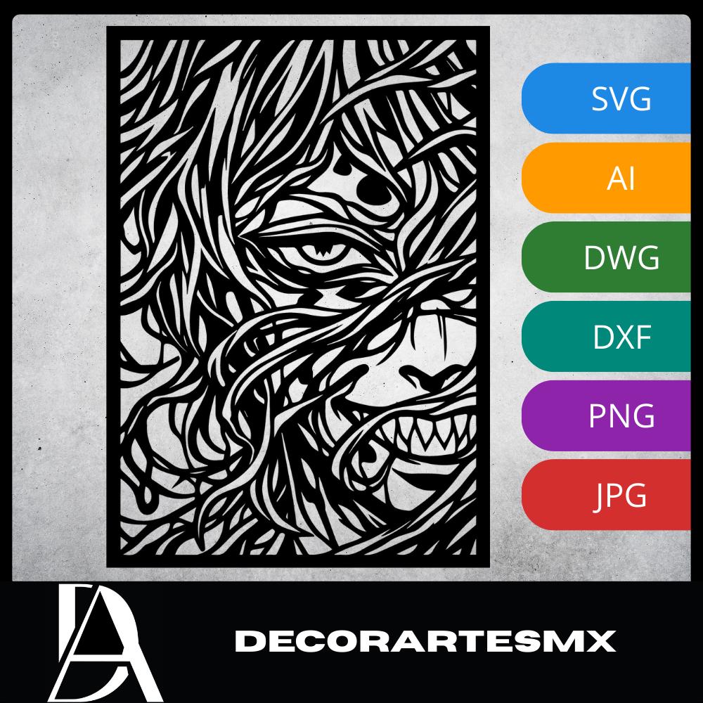 Laser Cut Anime Wall Art Decor – Gyutaro | Flow-Line Art Black Frame | SVG AI DXF dwg Files