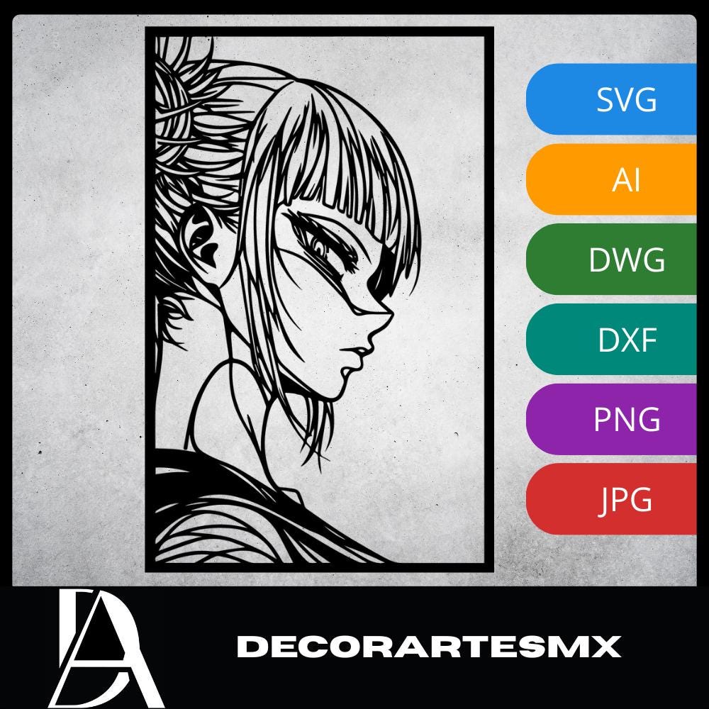 Laser Cut Anime Wall Art Decor – Himiko Toga 2 | Flow-Line Art Black Frame | SVG AI DXF dwg Files